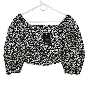 Levi's Floral Cropped Top Women's Size S Black Beige Square Neck Puff Sleeves